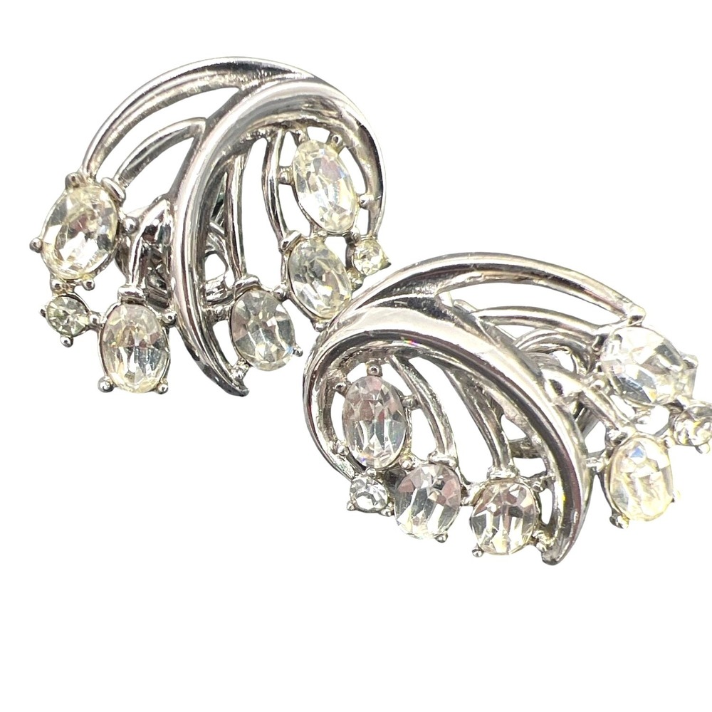 Trifari Alfred Philippe Rhinestone Earrings Rhodium Plated‎ Clip On MCM '55-'69